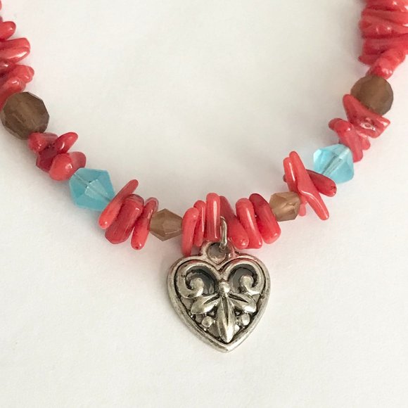 Vintage Fleur de Lis Heart Charm Necklace Choker Red Coral Saints Mardi Gras - Picture 8 of 12